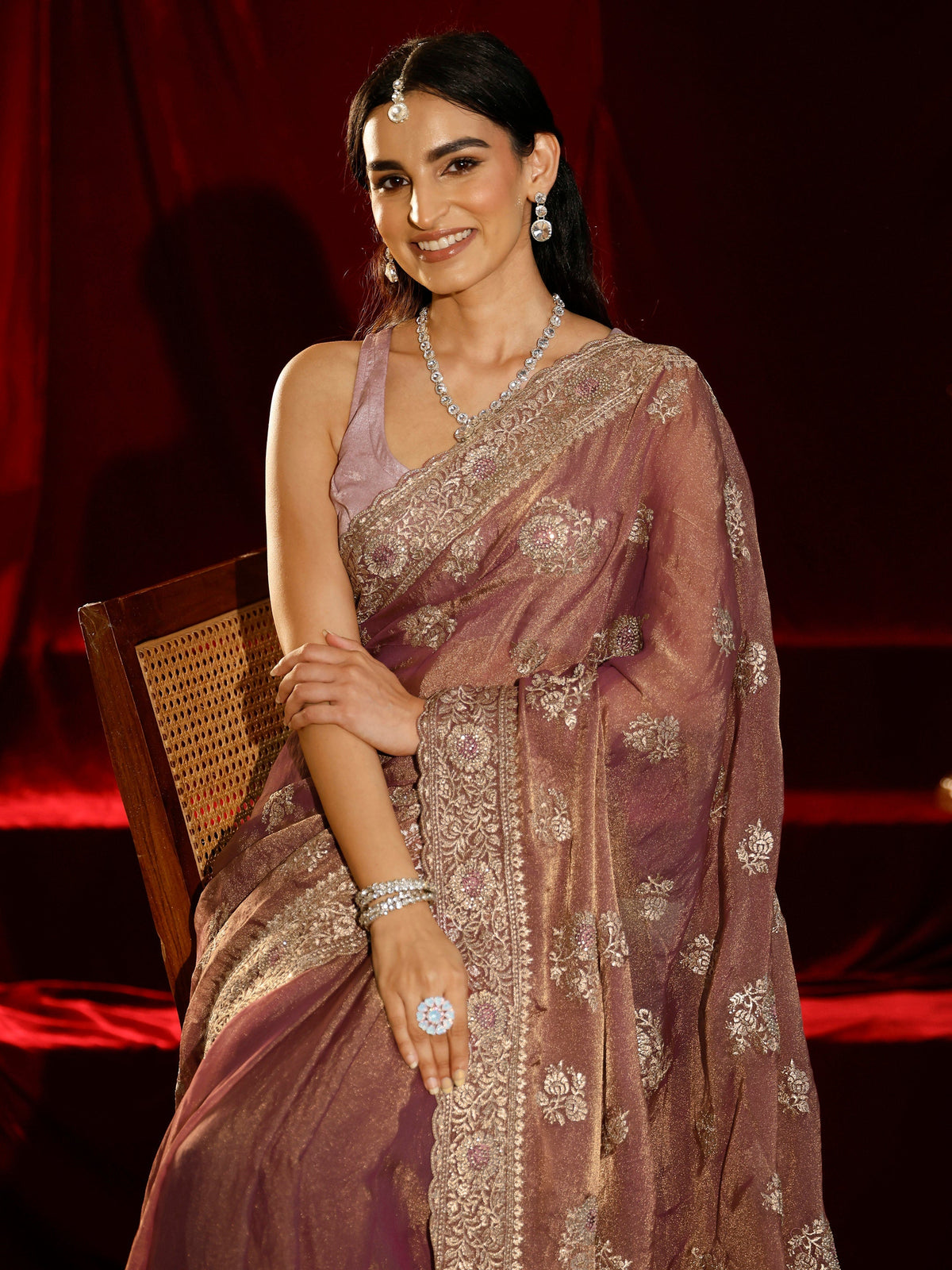 Anouk Pink Floral Embroidered Tissue Saree