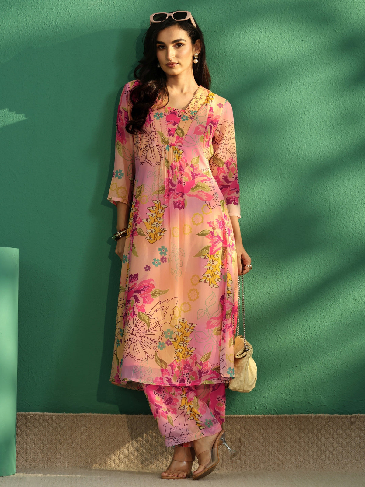 Anouk Pink Floral Printed Chiffon A-Line Kurta Set