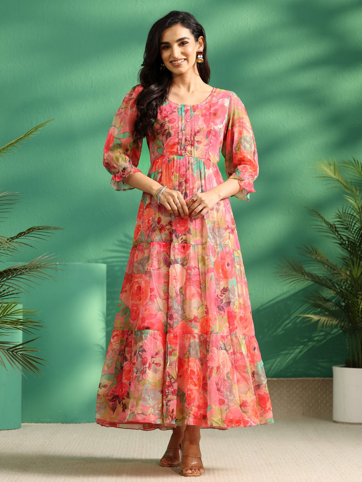 Anouk Pink Floral Printed Chiffon Tiered Dress