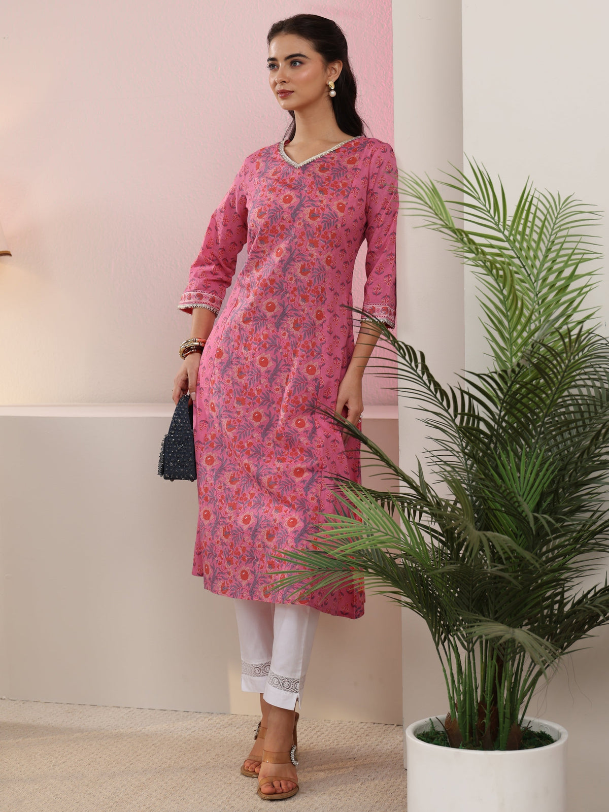 Anouk Pink Floral Printed Cotton A-Line Kurta