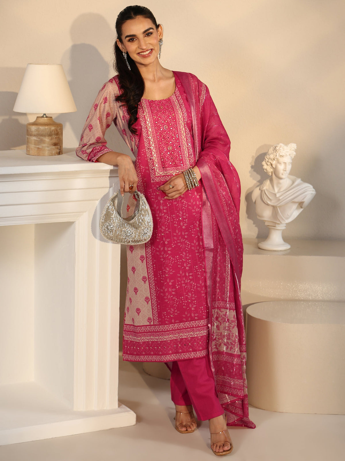 Anouk Pink Floral Printed Linen Straight Suit Set