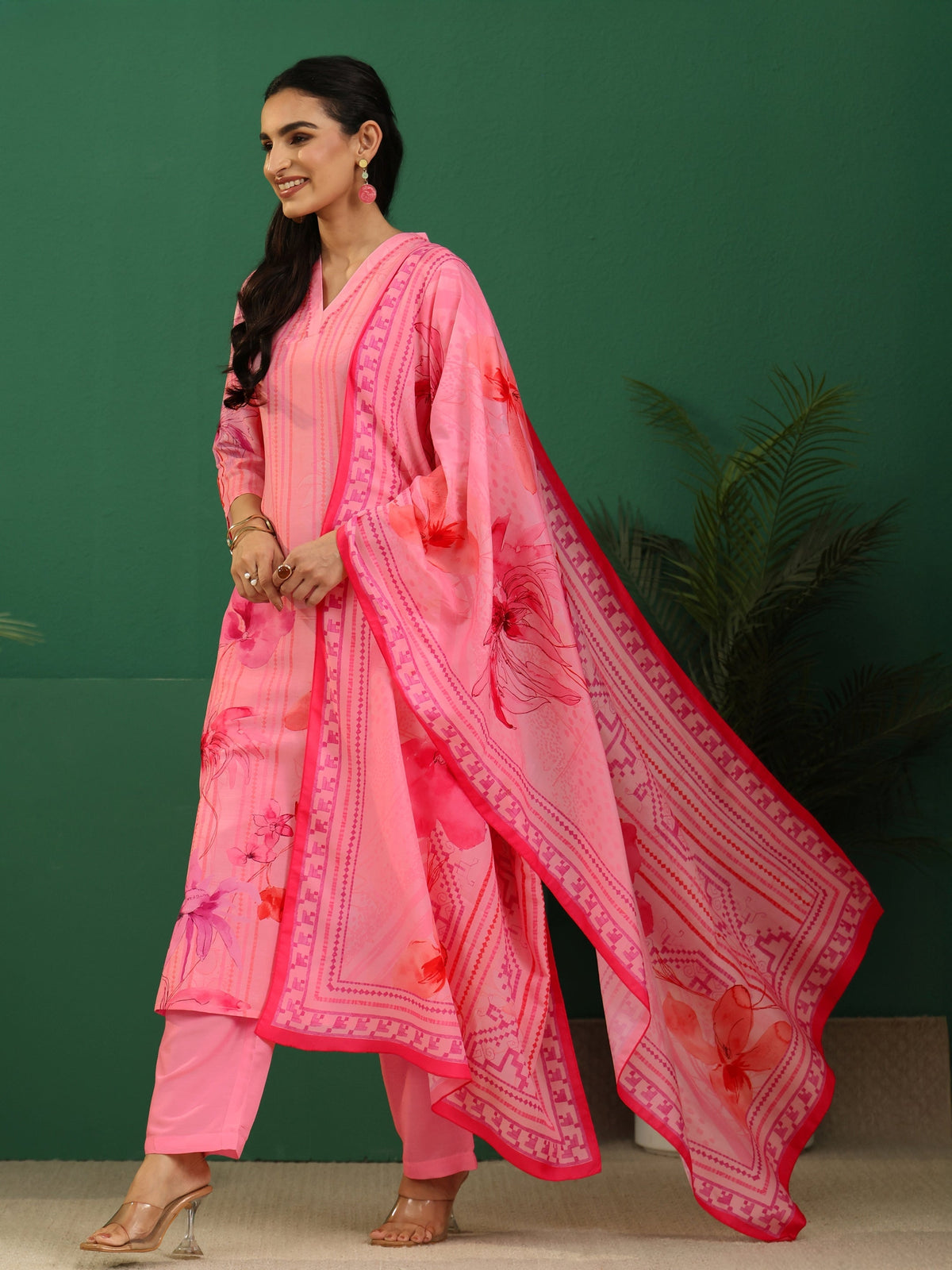 Anouk Pink Floral Printed Muslin A-Line Suit Set