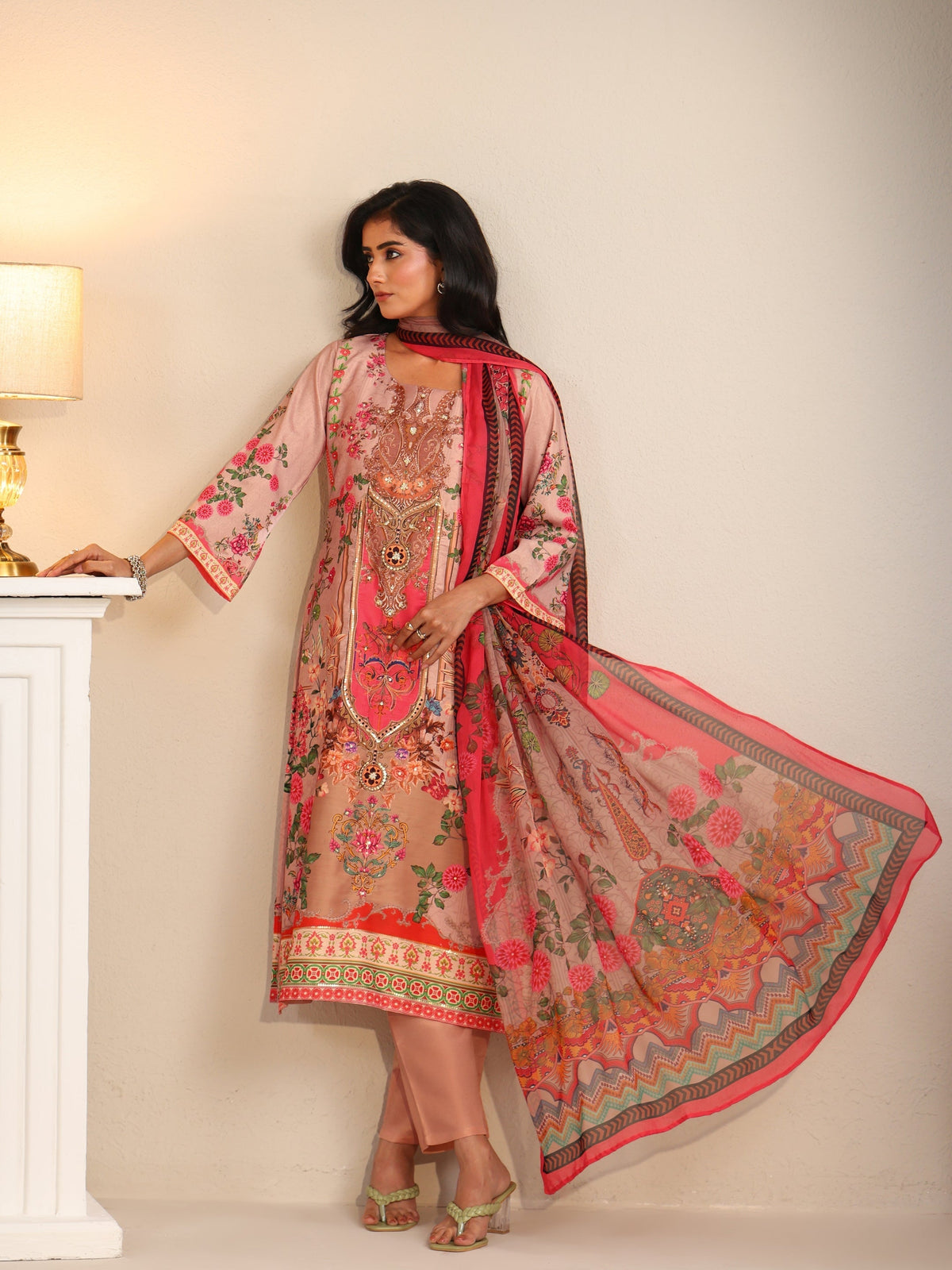 Anouk Pink Floral Printed Silk Blend Straight Suit Set