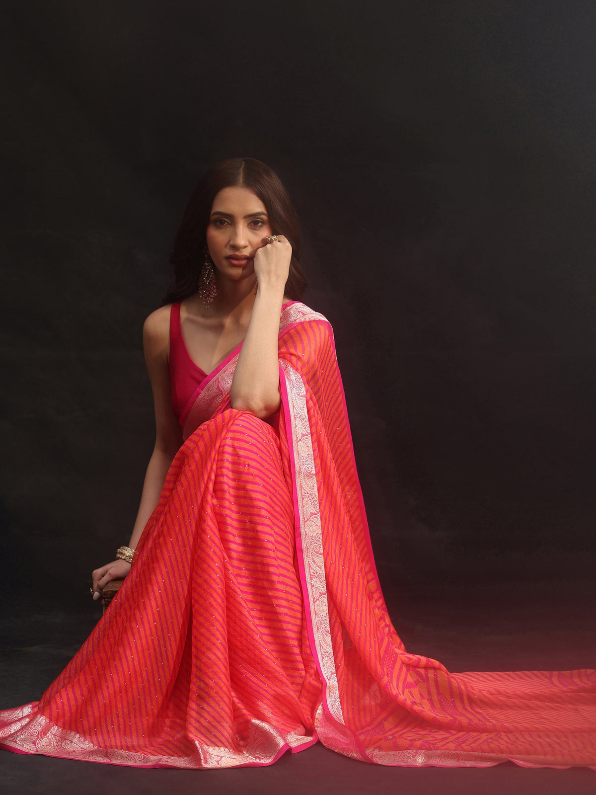 Anouk Pink Striped Chiffon Saree with Paisley Border