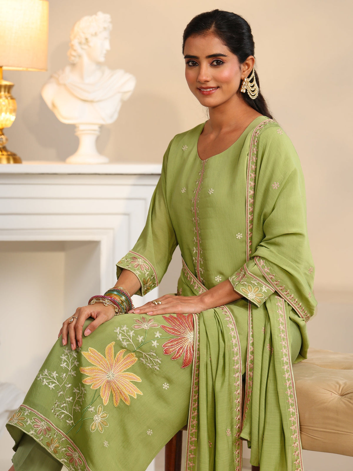 Anouk Pista Green Floral Embroidered Chanderi Silk Straight Suit Set