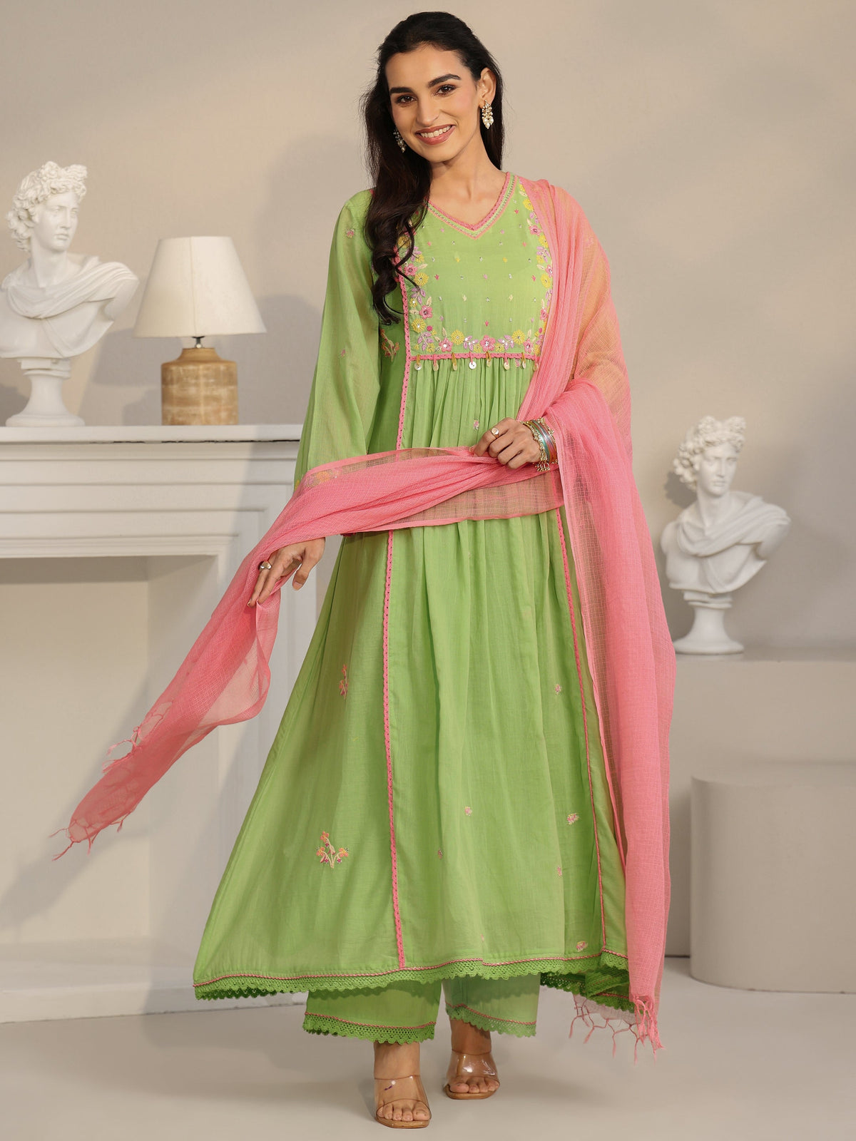 Anouk Pista Green Floral Embroidered Cotton Anarkali Suit Set