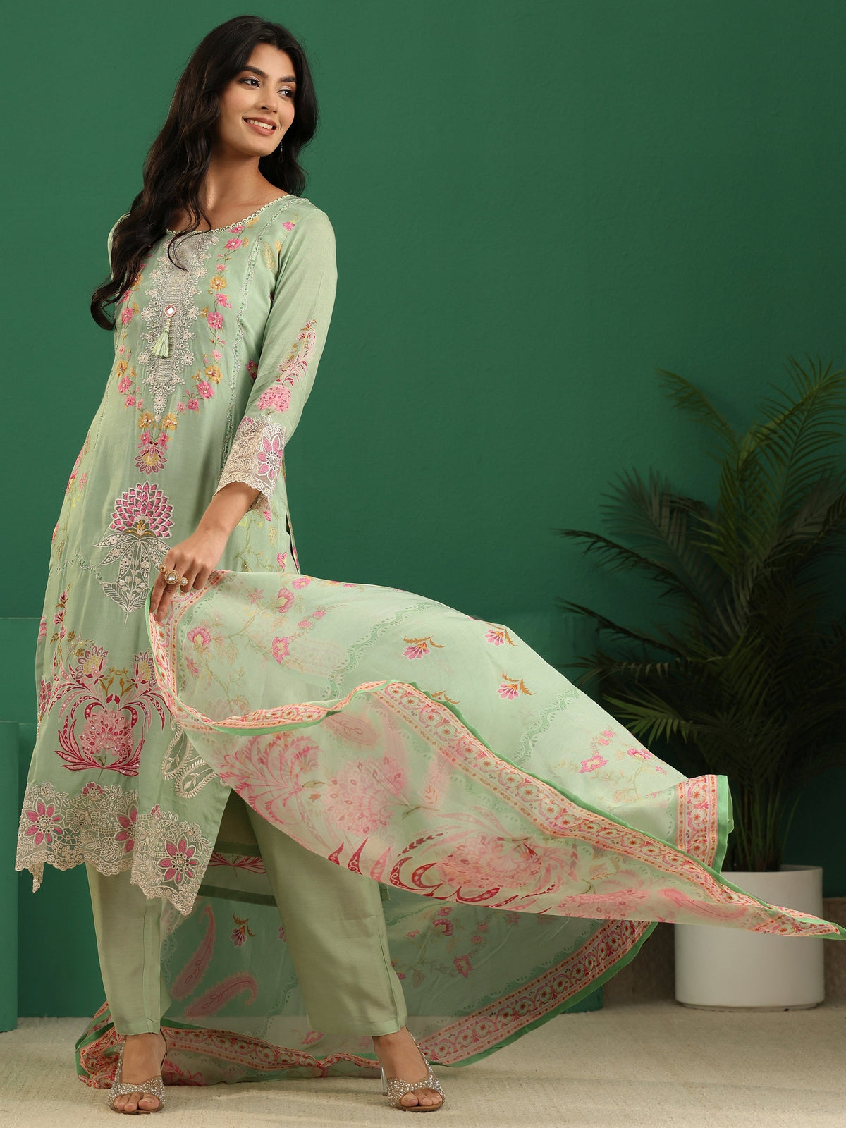 Anouk Pista Green Floral Embroidered Crepe Straight Suit Set