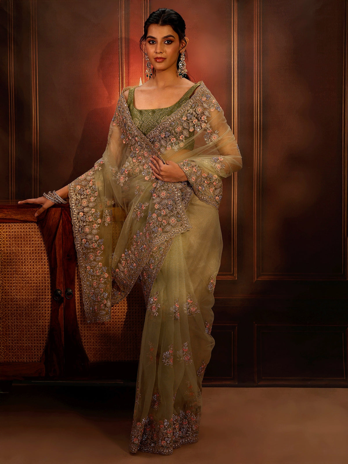 Anouk Pista Green Floral Embroidered Net Saree