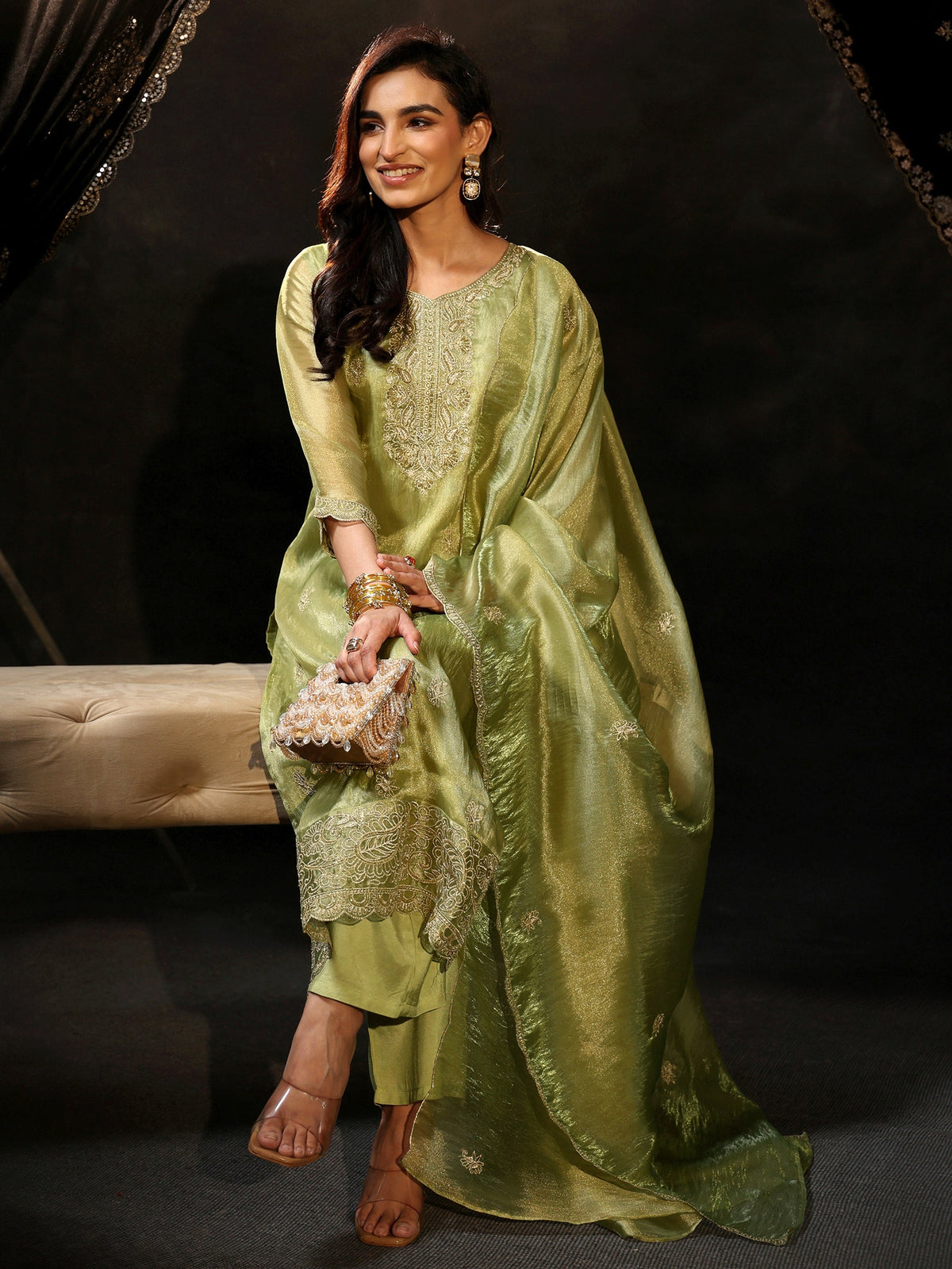 Anouk Pista Green Floral Embroidered Organza Straight Suit Set