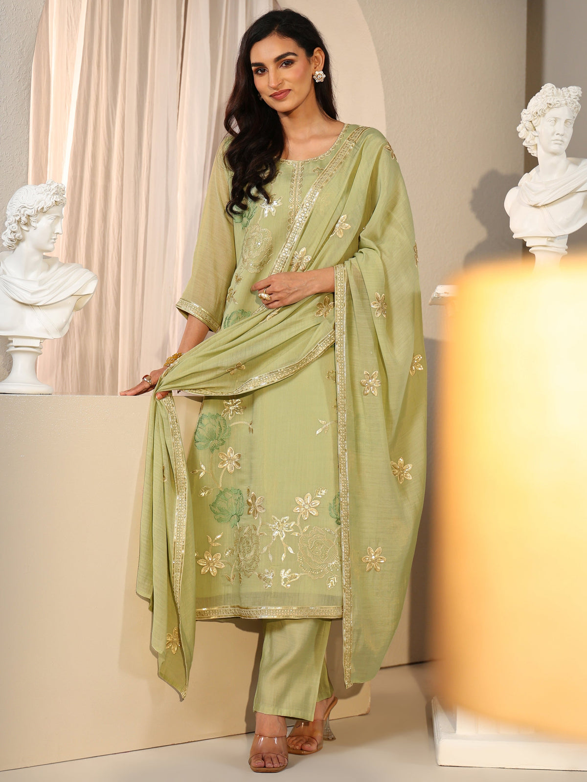 Anouk Pista Green Floral Embroidered Silk Blend Straight Suit Set