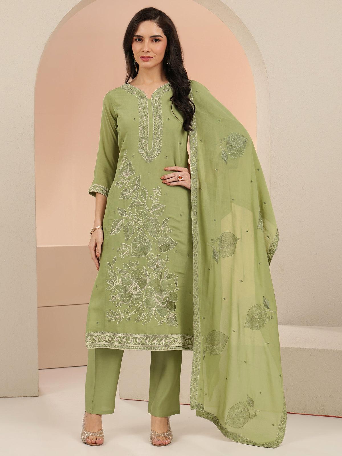 Anouk Pista Green Floral Embroidered Silk Blend Straight Suit Set
