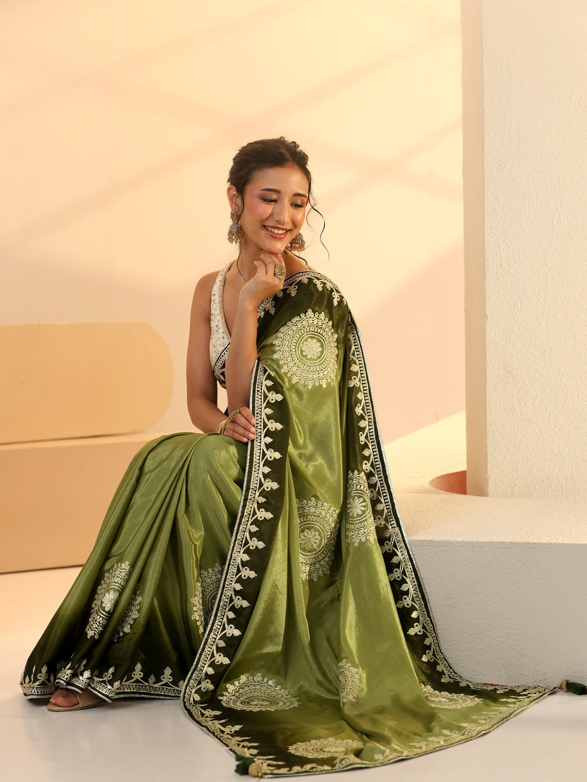 Anouk Pista Green Mandala Art Embroidered Ombre Silk Blend Saree