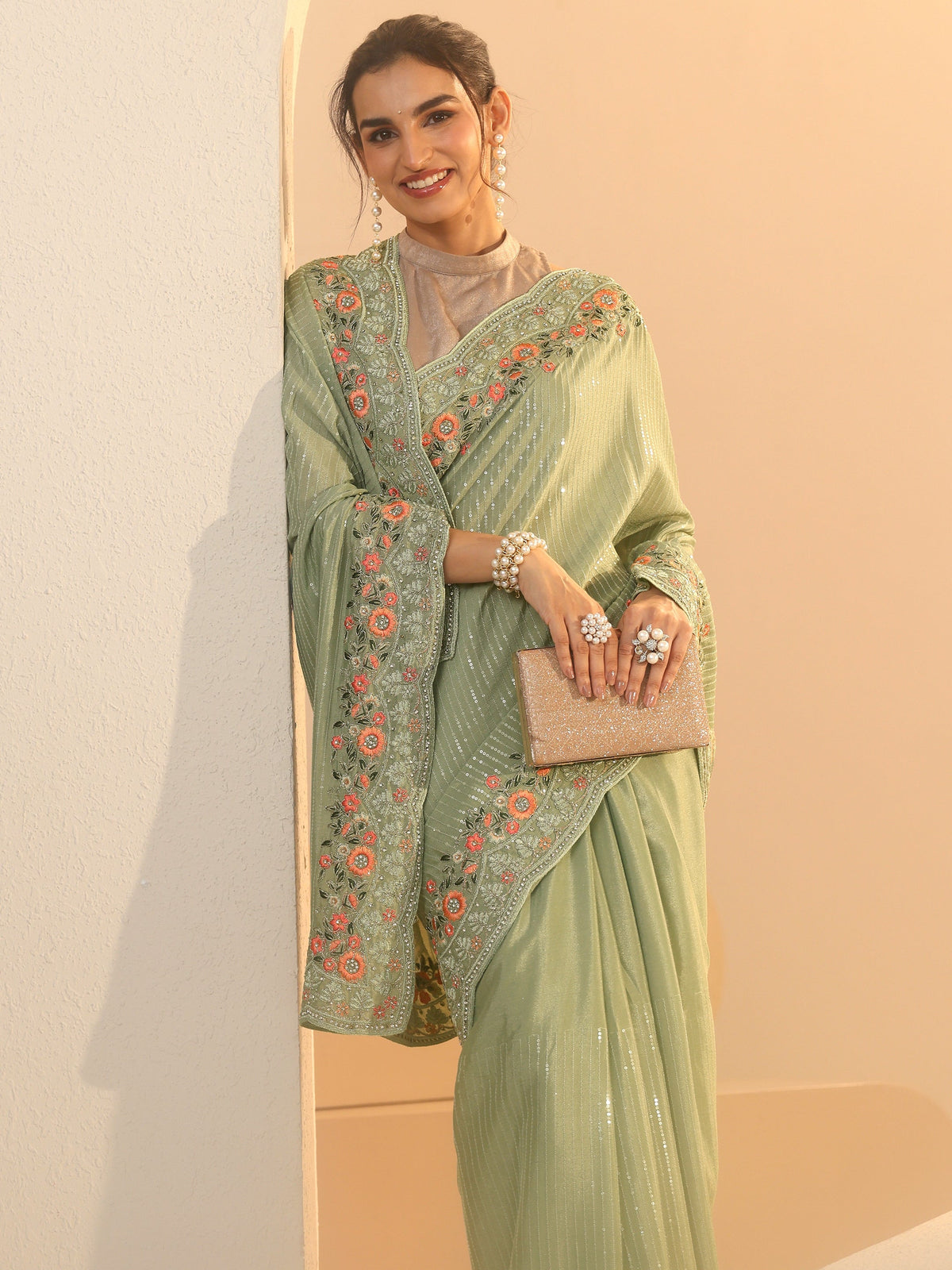 Anouk Pista Green Striped Embellished Chiffon Saree with Floral Border