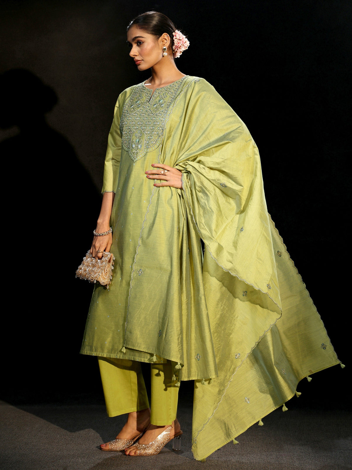 Anouk Pista Green Yoke Embroidered Chanderi Silk Straight Suit Set