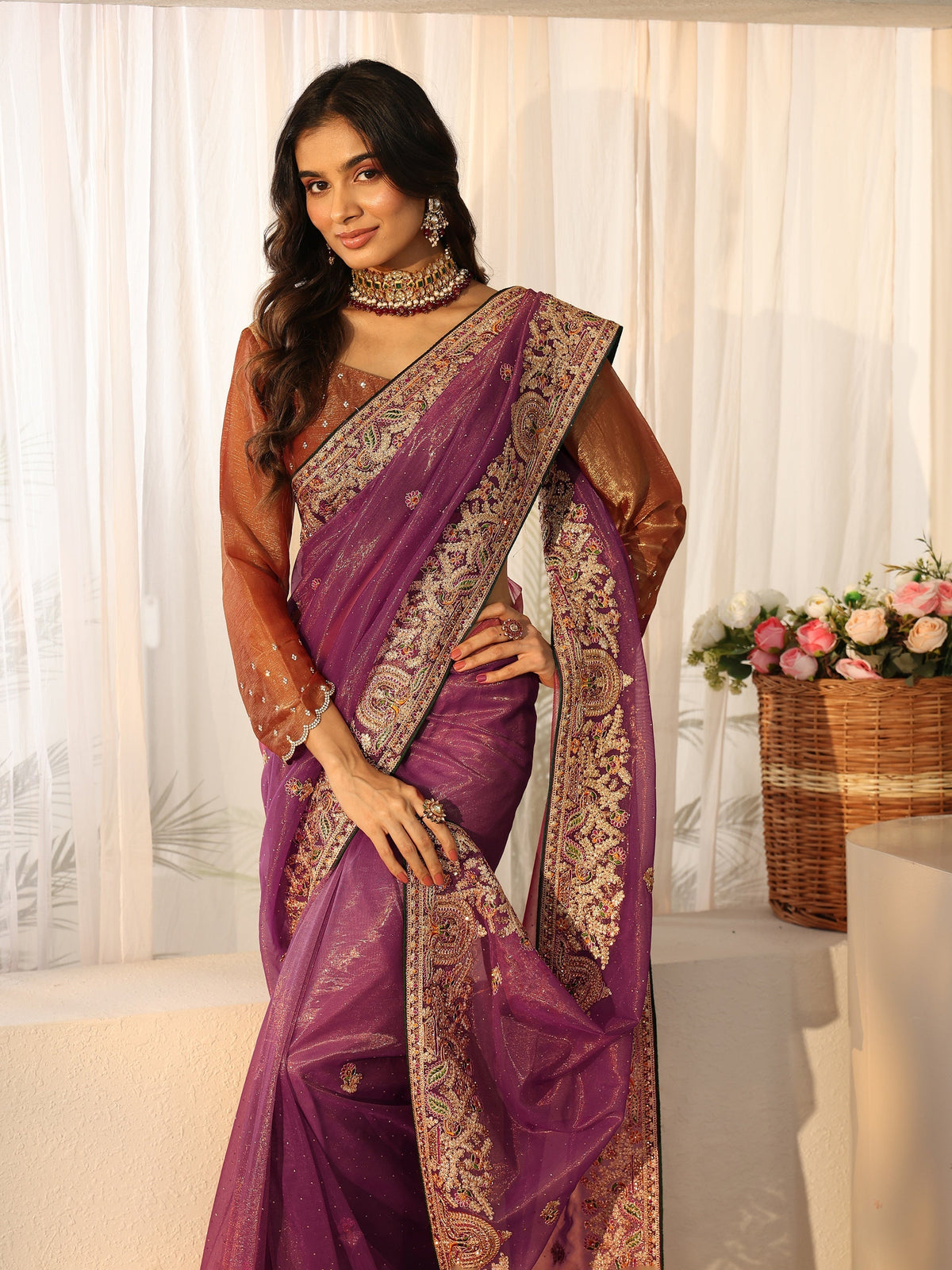 Anouk Plum Purple Floral  Embroidered Net Saree