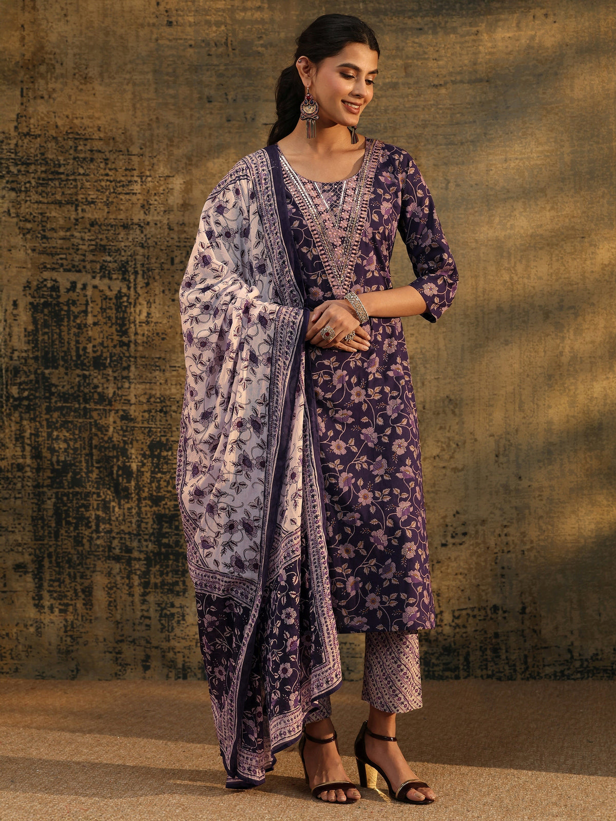 Anouk Plum Purple Floral Printed Cotton Straight Suit Set