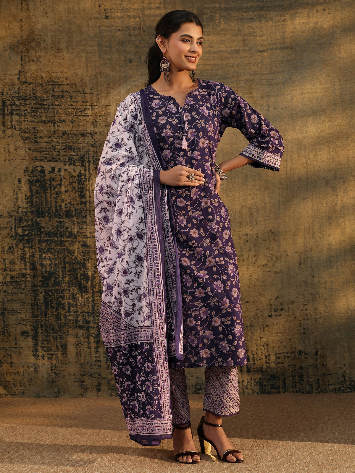 Anouk Plum Purple Floral Printed Cotton Straight Suit Set