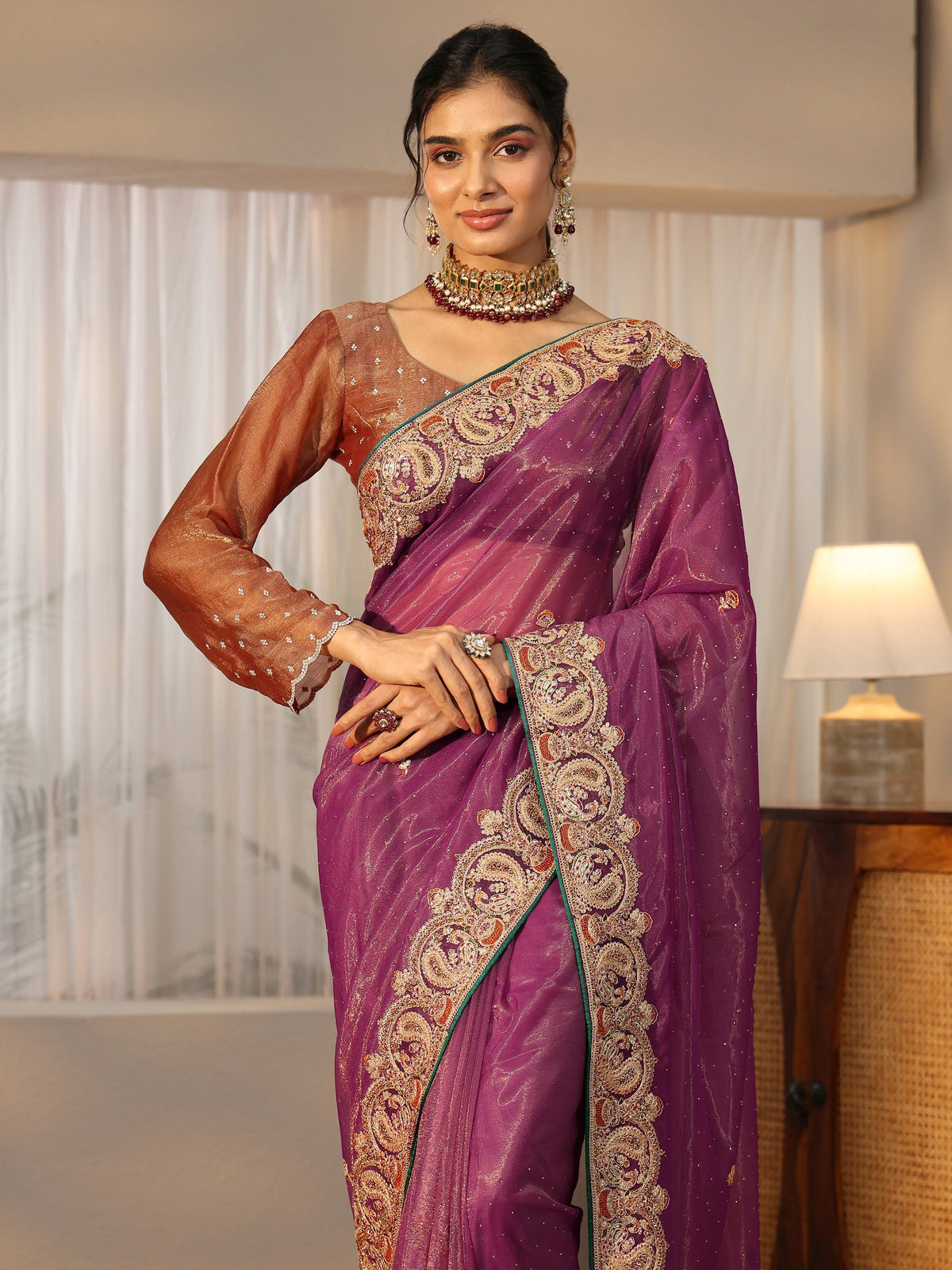 Anouk Plum Purple Net Saree with Embellished Paisley Border