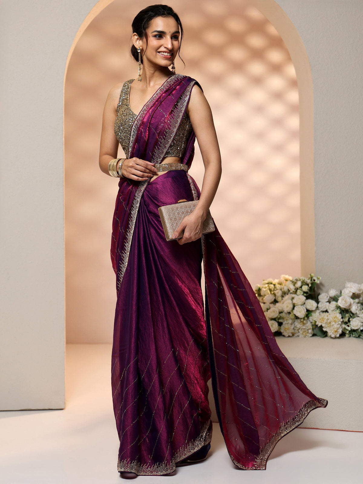 Anouk Plum Purple Stone Work Striped Embellished Tissue Saree