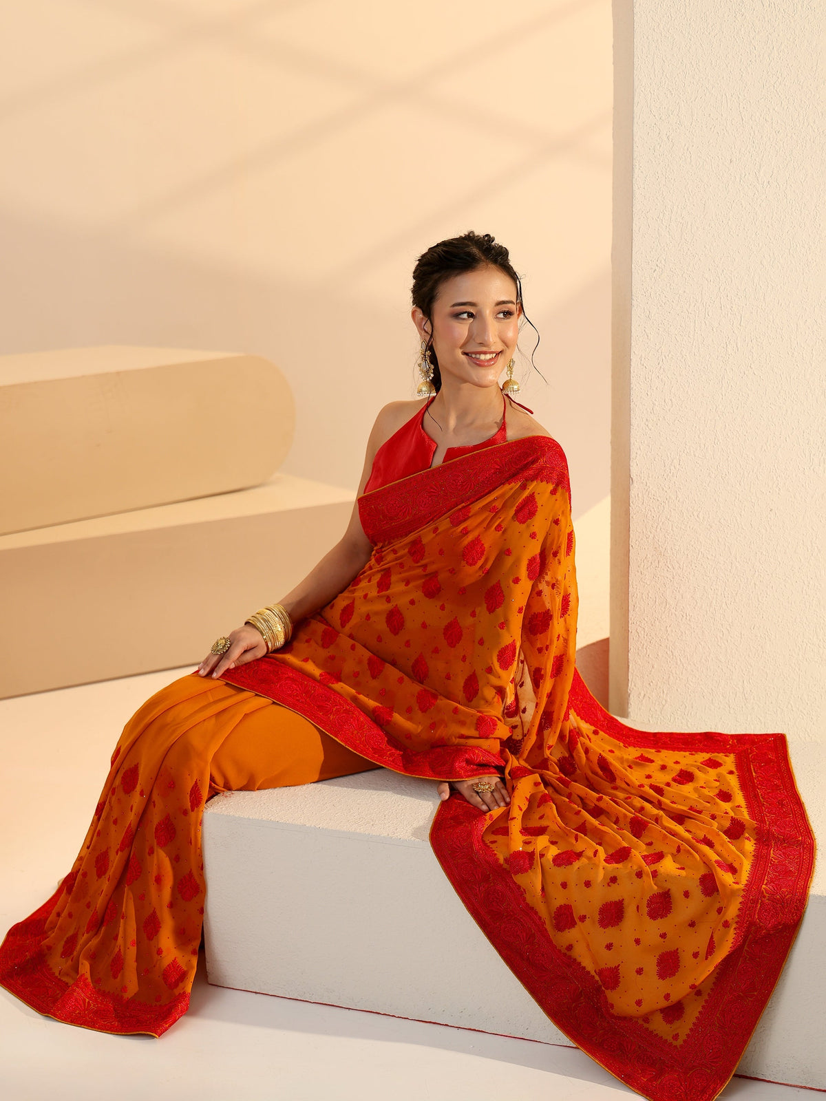 Anouk Pulp Orange Georgette Saree with Embroidered Border