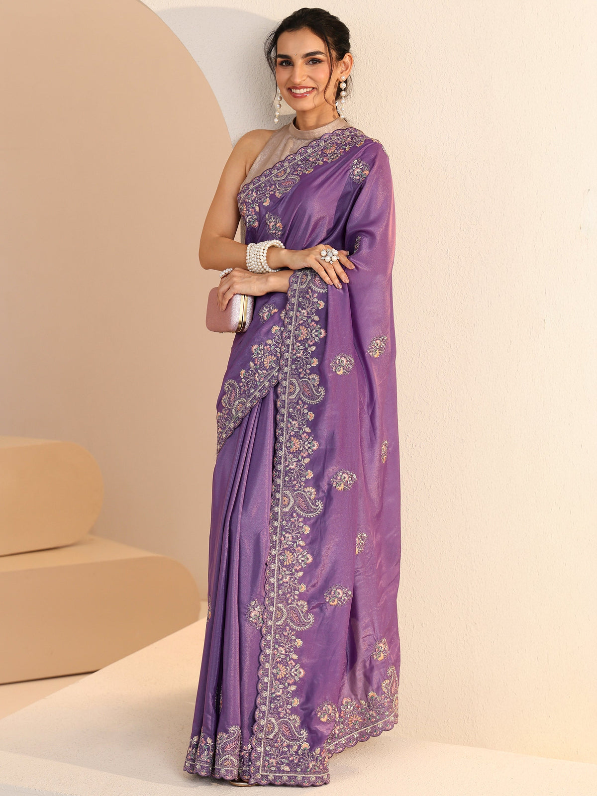 Anouk Purple Embroidered Satin Saree