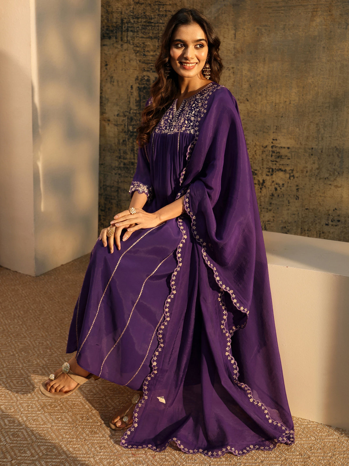 Anouk Purple Floral Embroidered Chanderi Cotton Empire Anarkali Suit Set