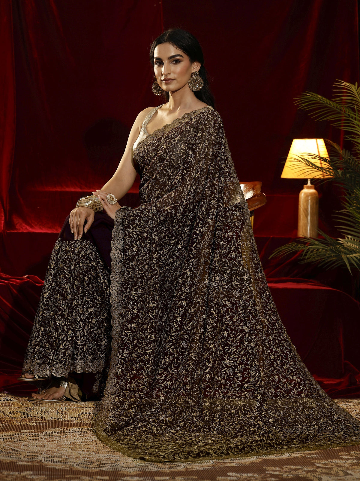 Anouk Purple Floral Embroidered Georgette Saree