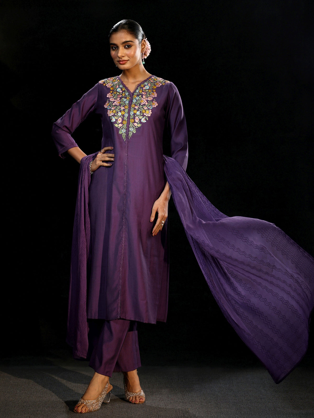 Anouk Purple Floral Embroidered Yoke Design Silk Blend Straight Suit Set