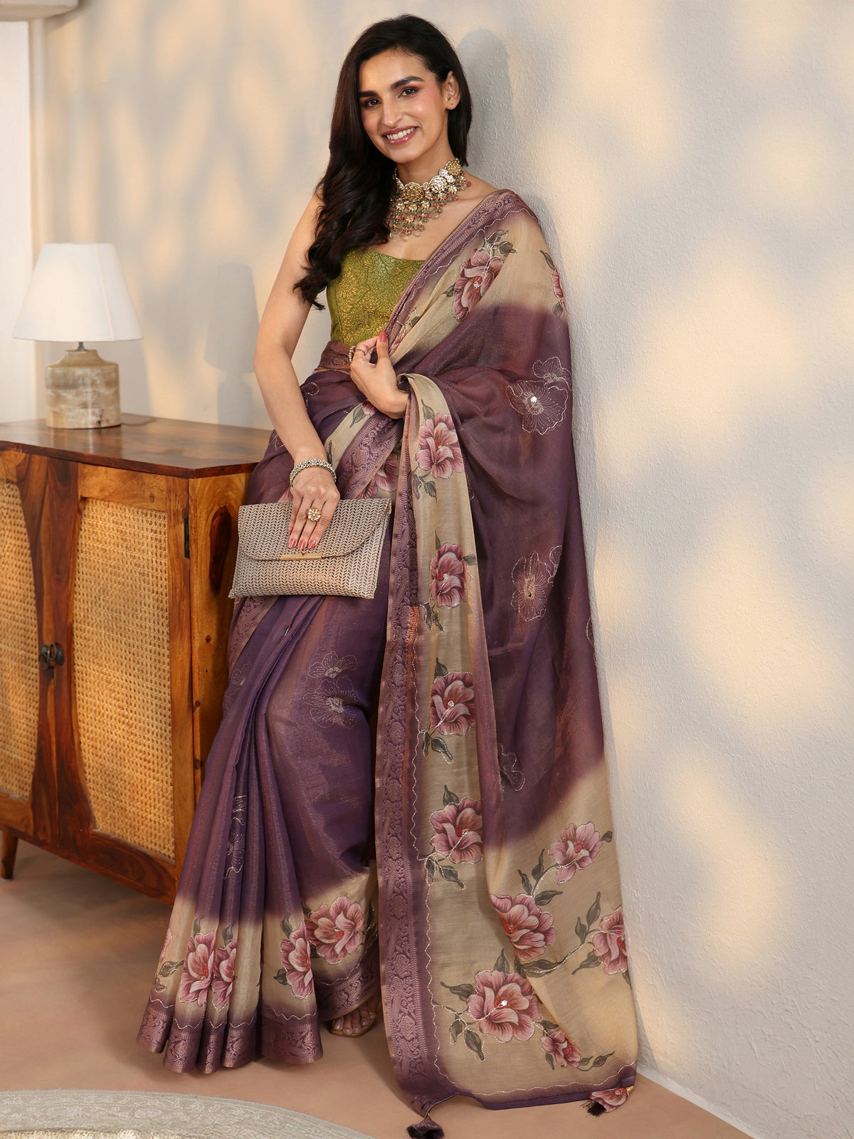 Anouk Purple Floral Printed Silk Blend Ombre Saree with Woven Border
