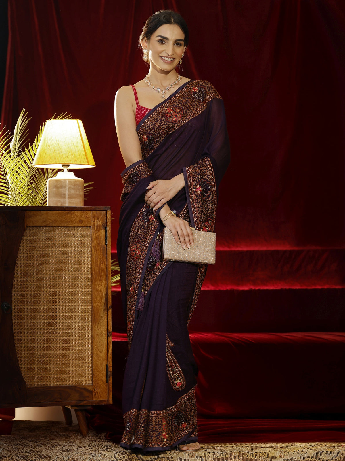 Anouk Purple Paisley Embroidered Silk blend Saree