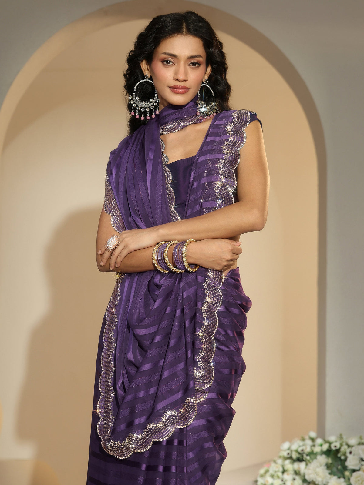 Anouk Purple Striped Embellished Net Saree