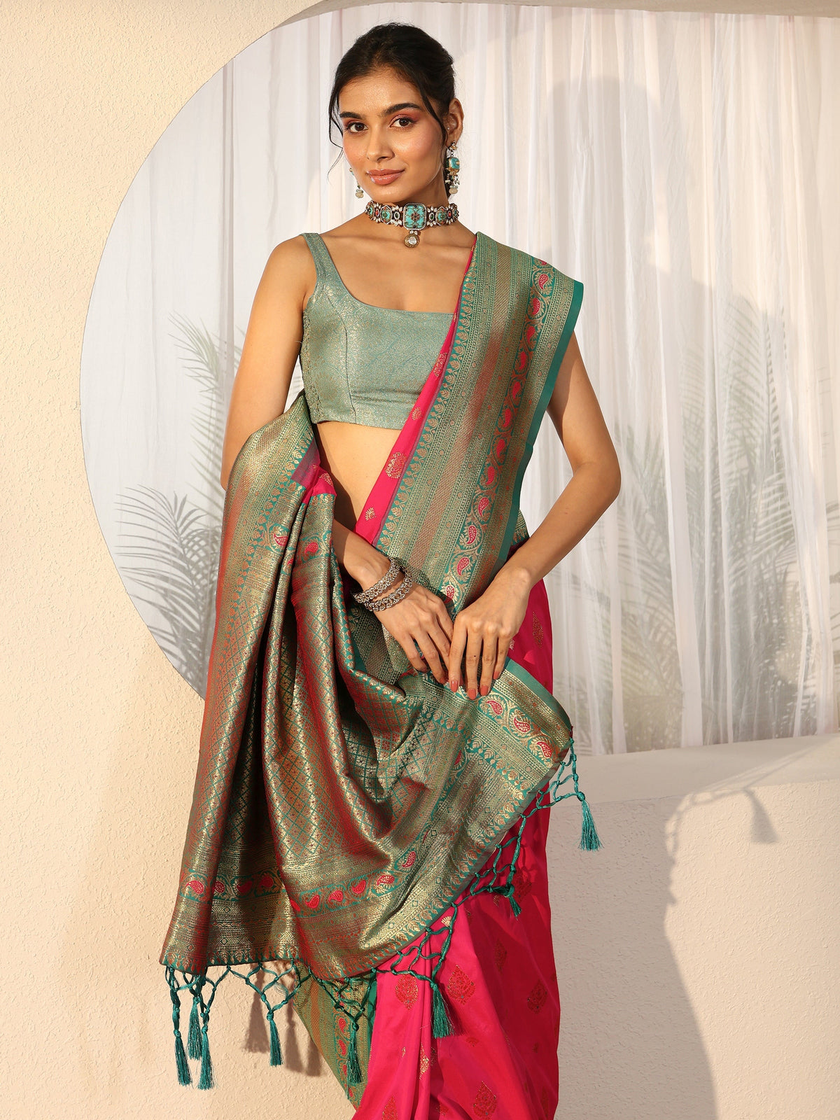 Anouk Rani Pink Banarasi Silk Blend Saree