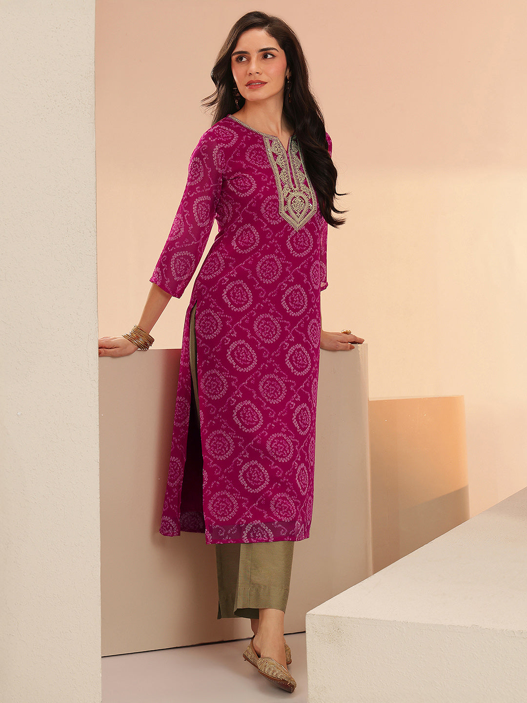 Anouk Rani Pink Bandhani Printed Chiffon Straight Kurta