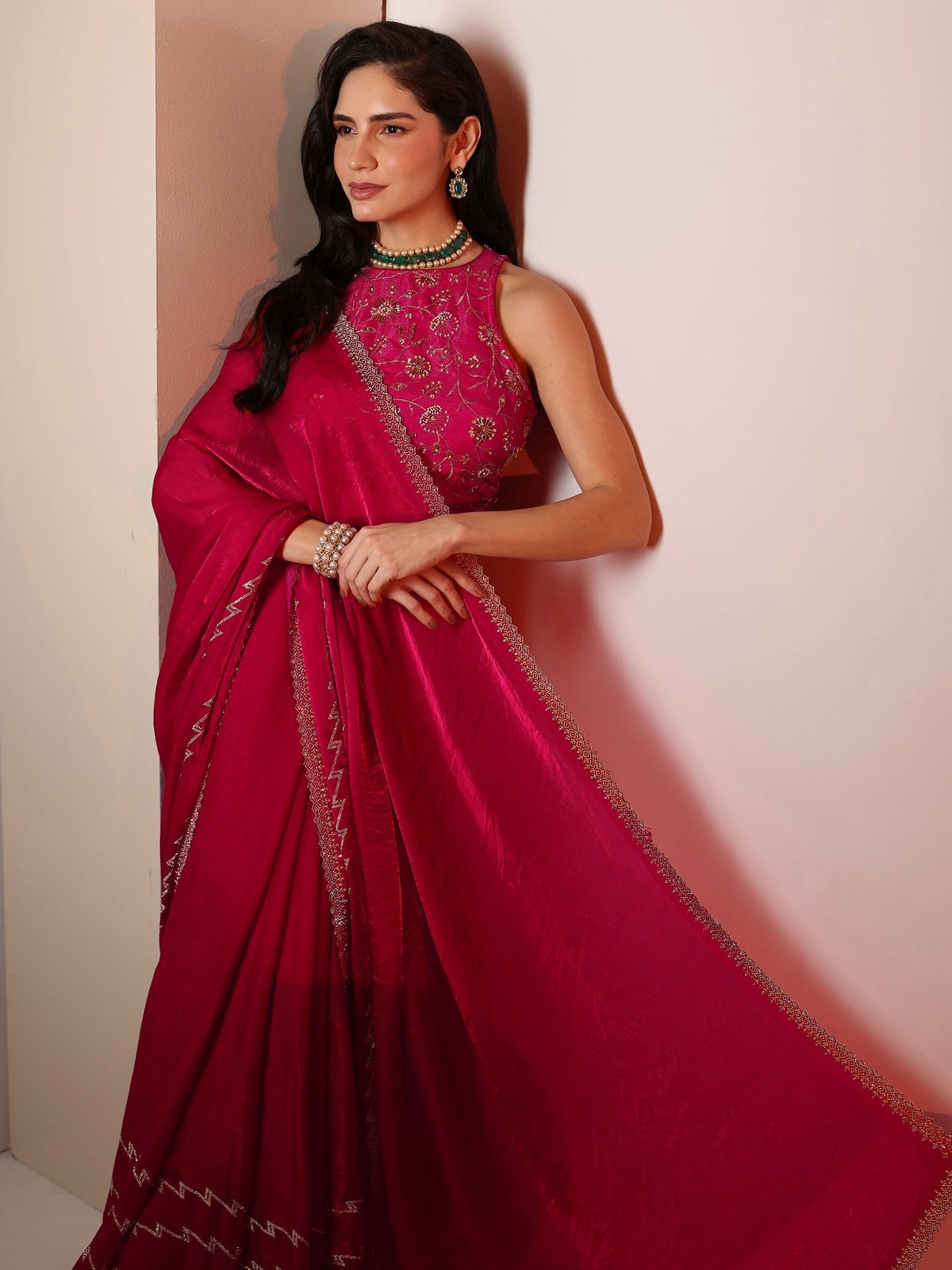 Anouk Rani Pink Chevron Tissue Saree