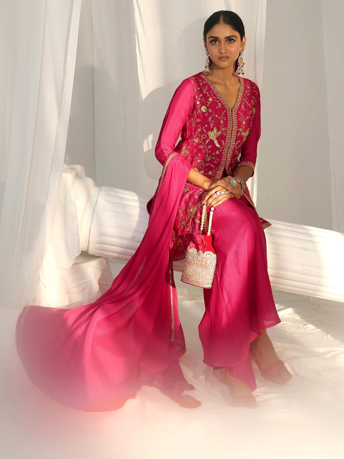 Anouk Rani Pink Embroidered Front Slit Chinon Palazzo Suit Set