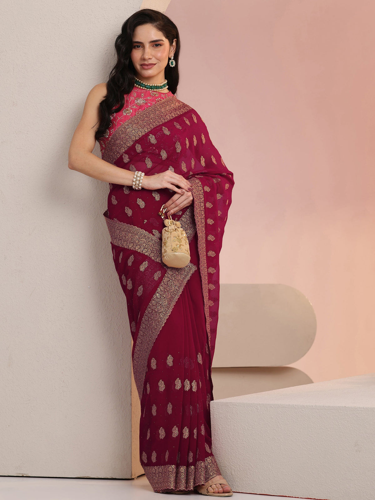 Anouk Rani Pink Embroidered Georgette Saree