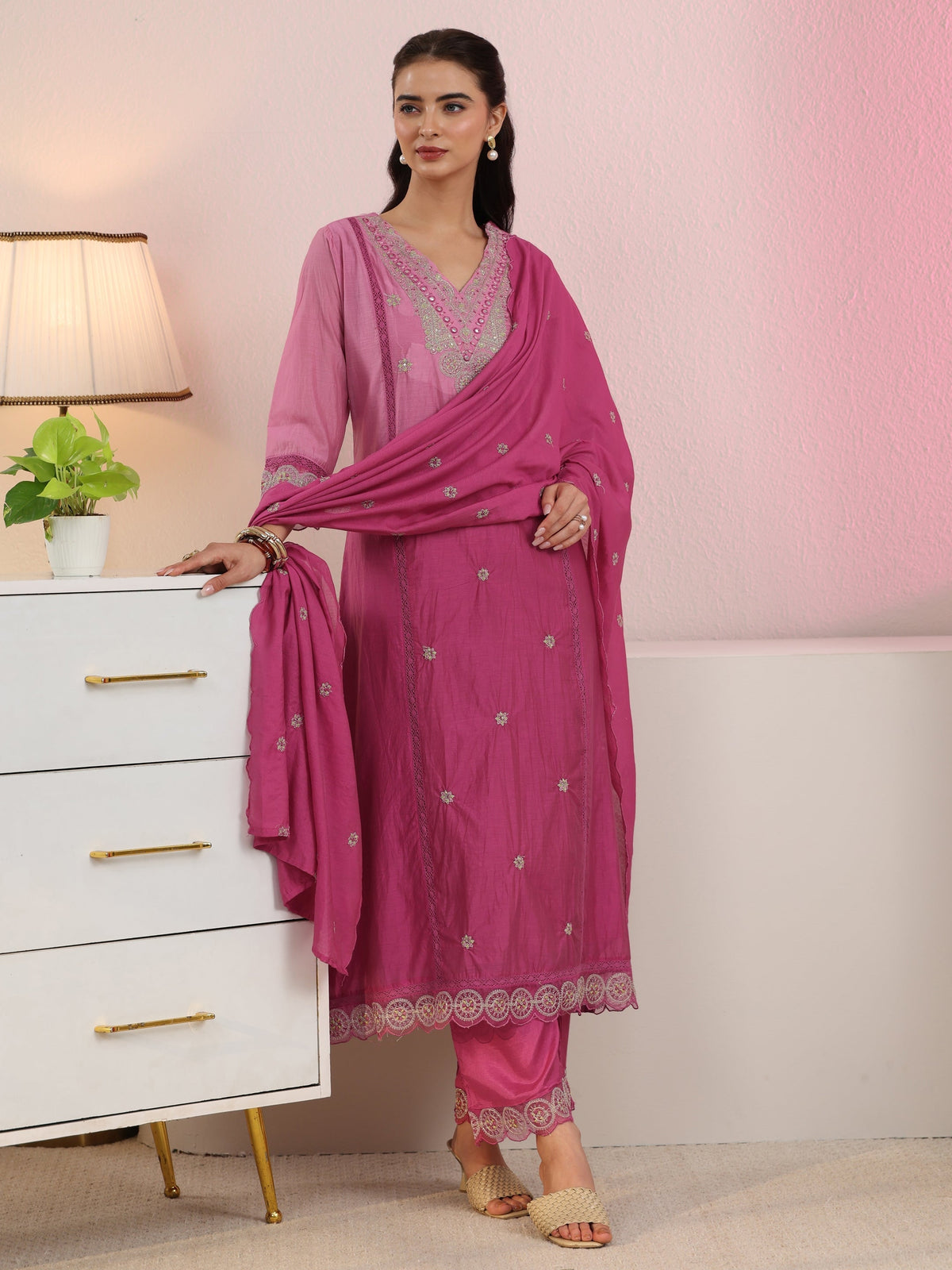 Anouk Rani Pink Embroidered Silk Blend A-Line Suit Set
