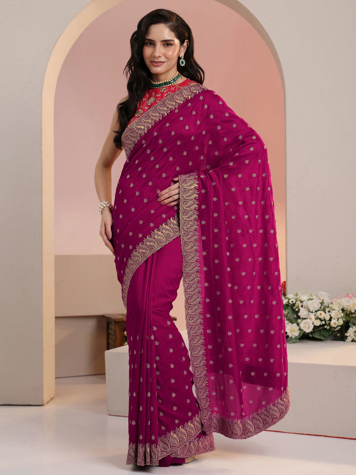 Anouk Rani Pink Embroidered Silk Blend Saree