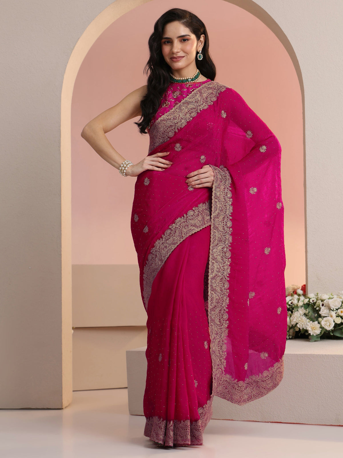 Anouk Rani Pink Embroidered Tissue Saree