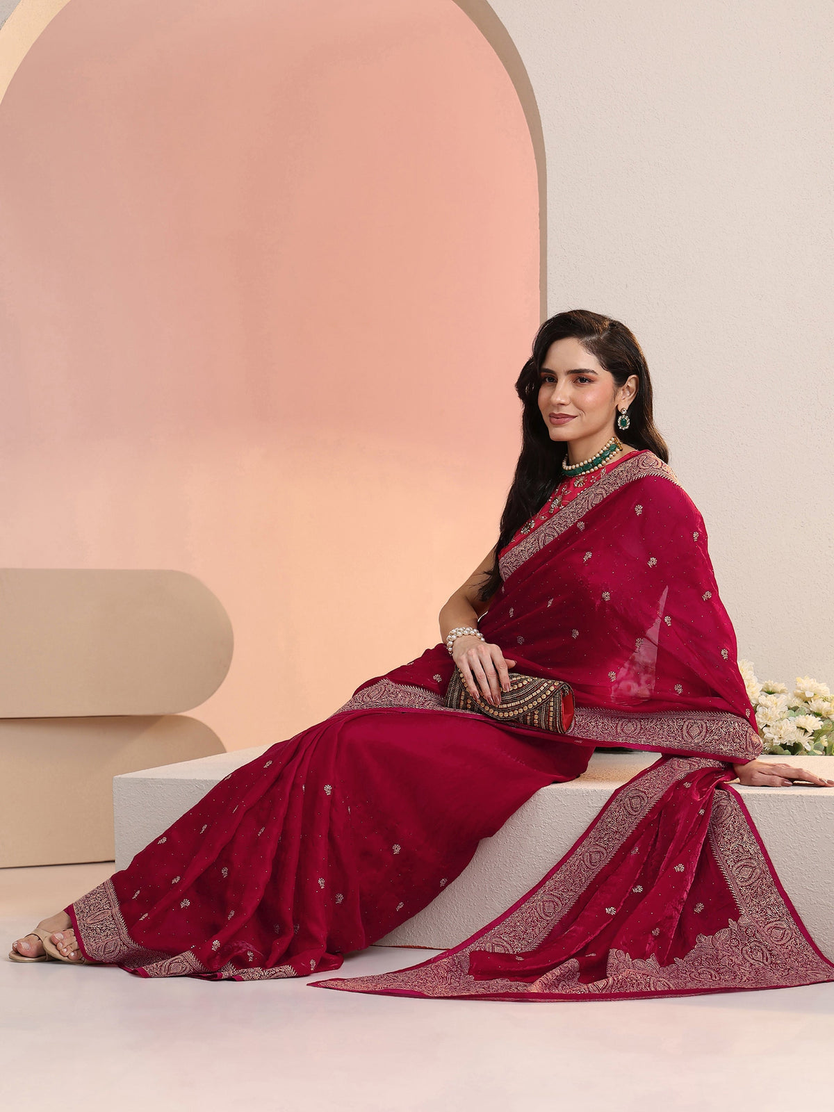 Anouk Rani Pink Embroidered Tissue Saree