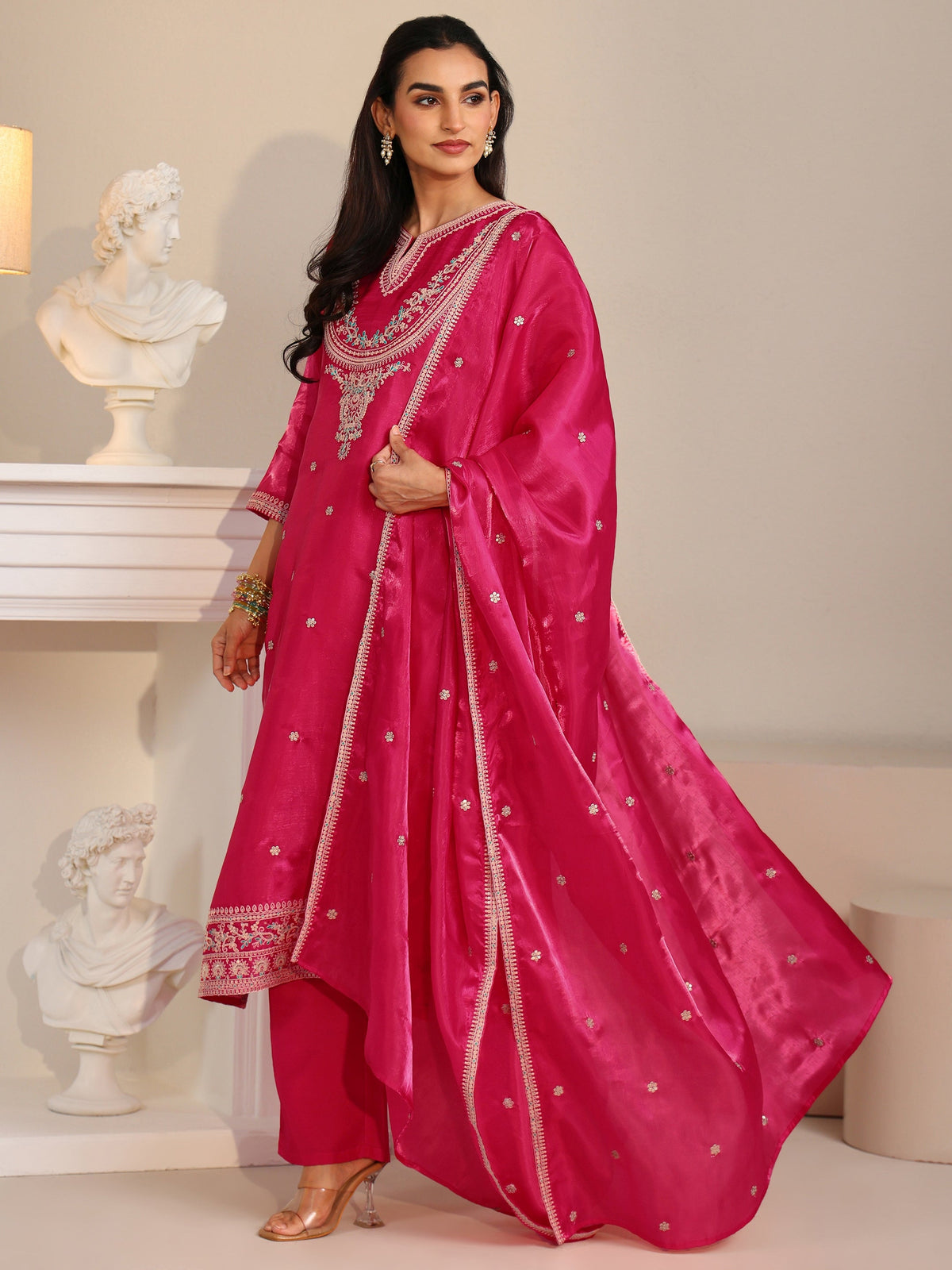 Anouk Rani Pink Ethnic Embroidered Tissue Straight Suit Set