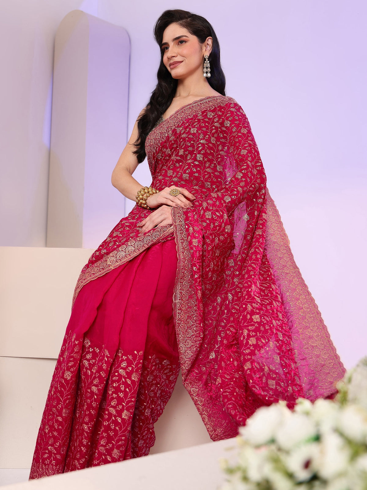 Anouk Rani Pink Floral Embroidered Georgette Saree