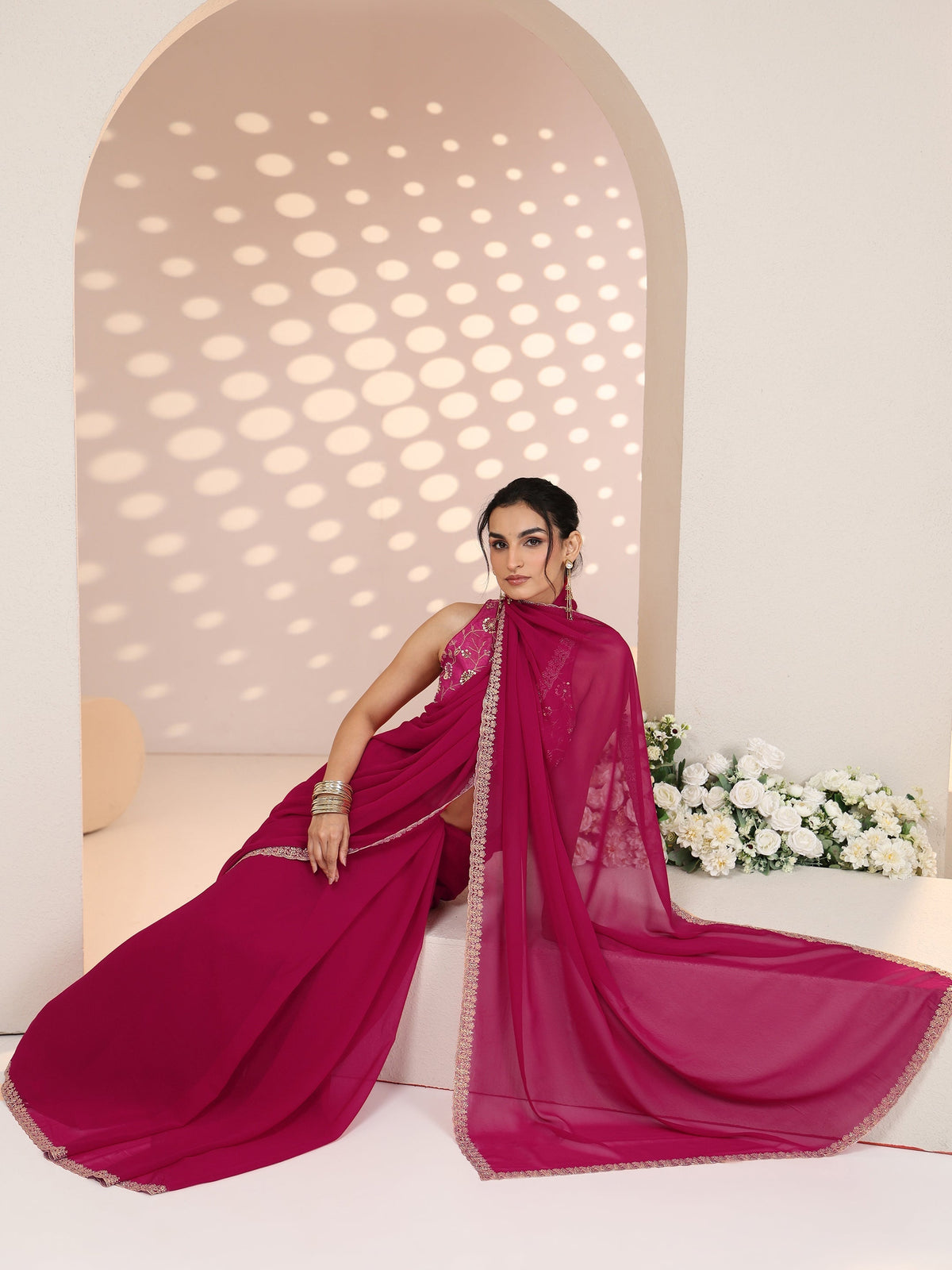 Anouk Rani Pink Georgette Saree with Embroidered Border