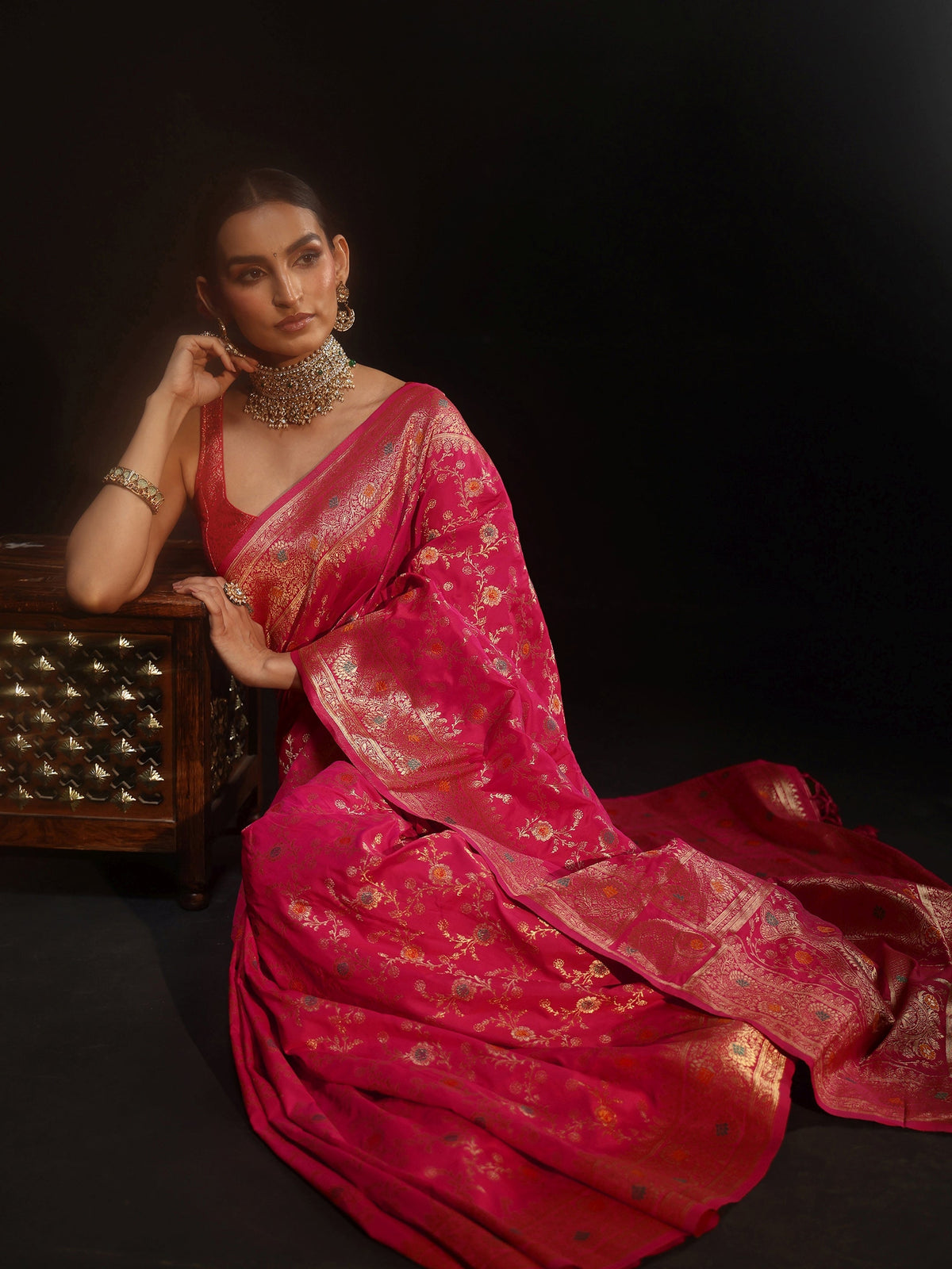 Anouk Rani Pink Meenakari Banarasi Silk Blend Saree