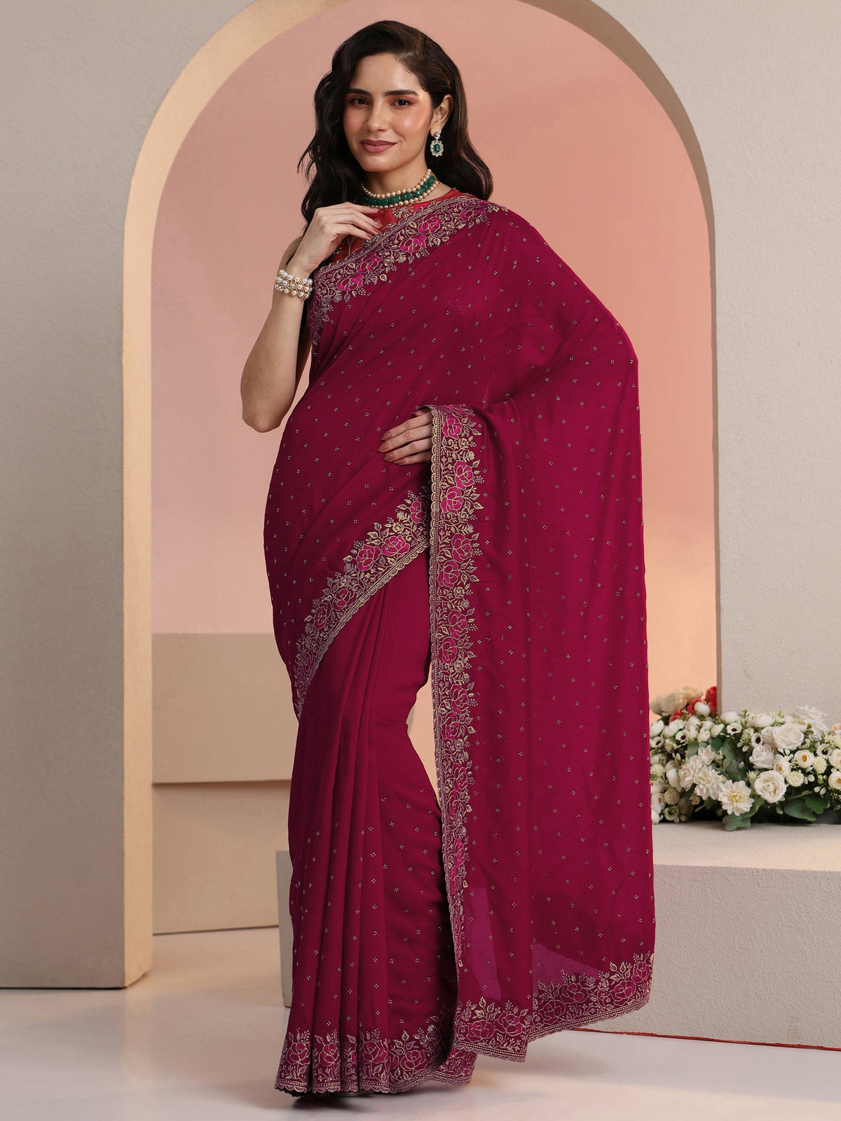 Anouk Rani Pink Stone Work Embelllished Silk Blend Saree