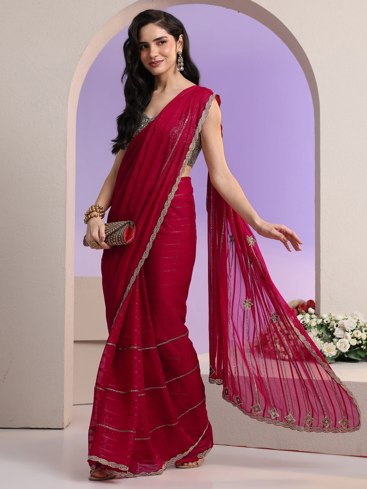 Anouk Rani Pink Striped Embellished Chiffon Saree