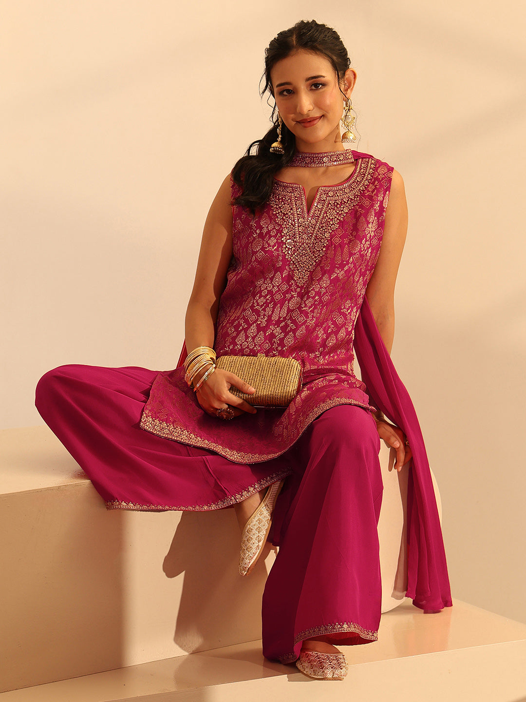 Anouk Rani Pink Woven Design Silk Blend Palazzo Suit Set