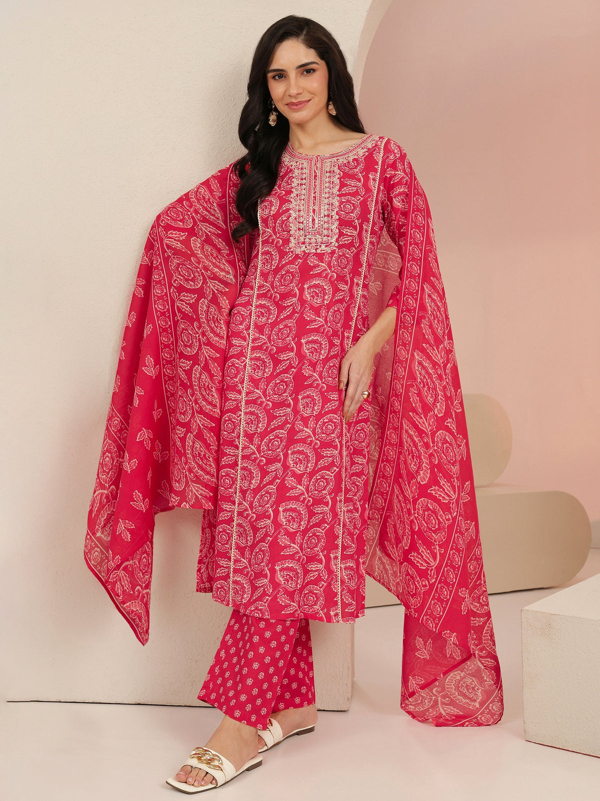 Anouk Raspberry Red Floral Printed Cotton Straight Suit Set