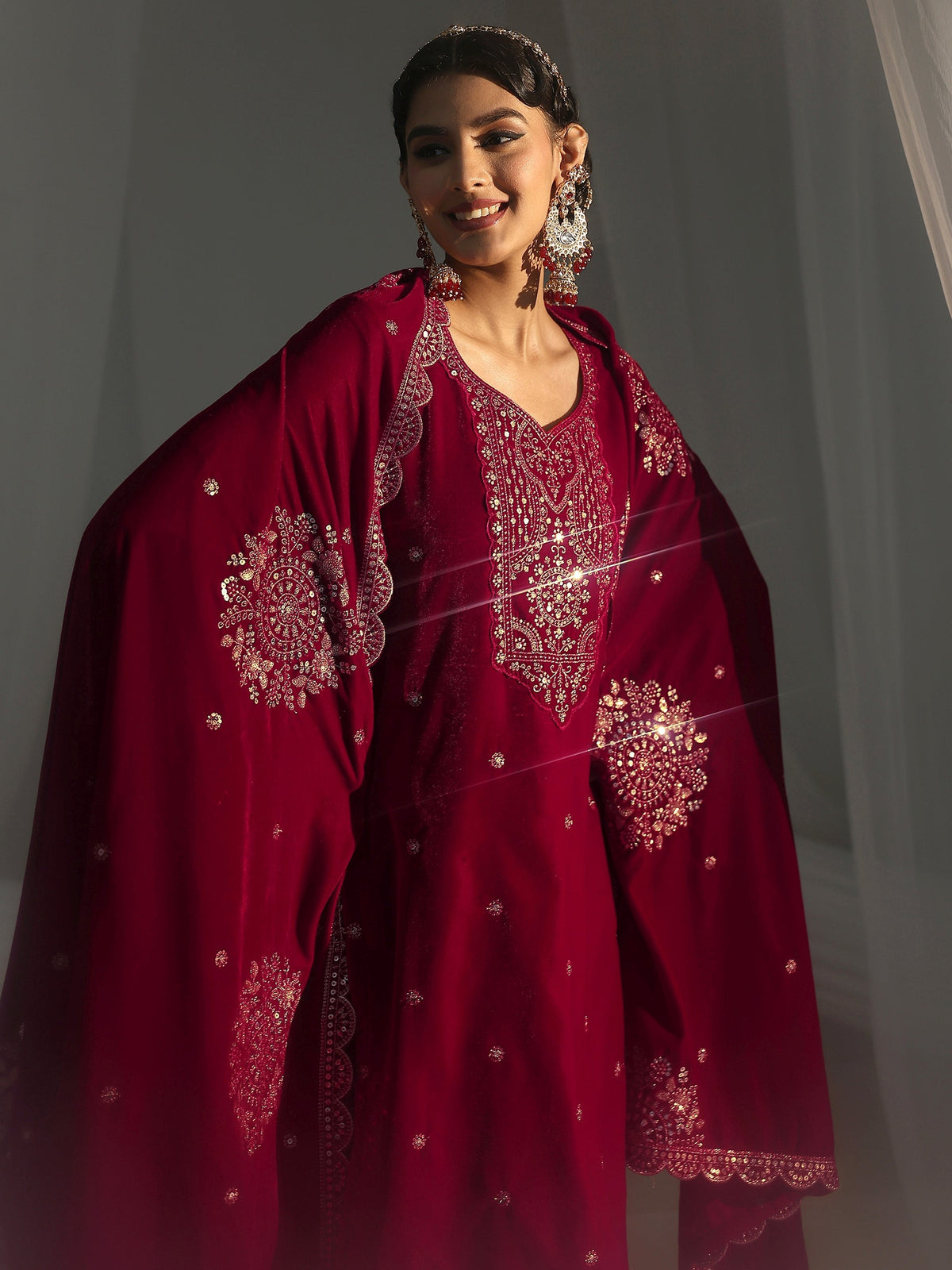 Anouk Red Floral Embellished Velvet Straight Suit Set
