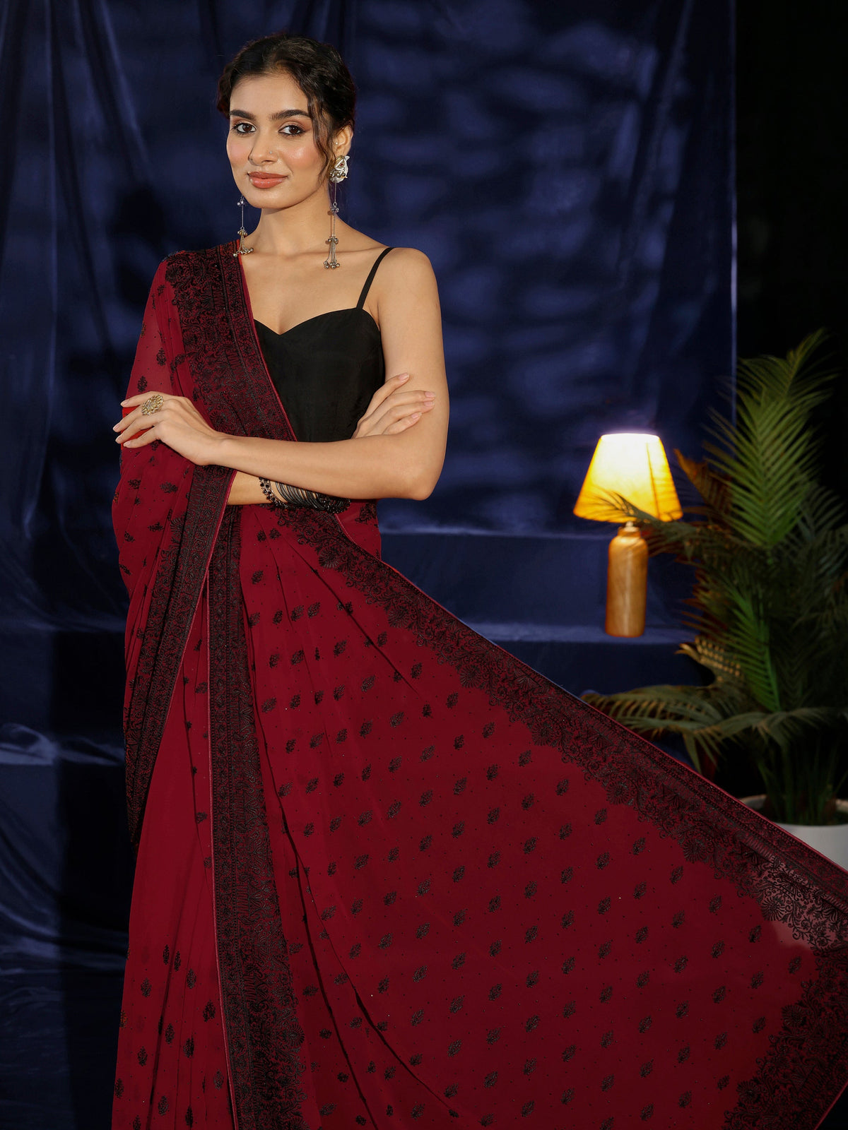 Anouk Red Floral Embroidered Georgette Saree